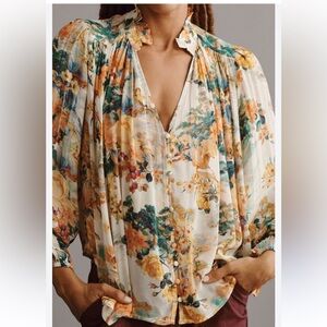 Anthropologie The Estella Sheer Button Front Floral Printed Blouse Top Size XL